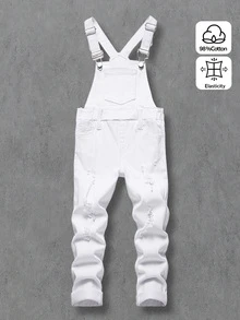 SHEIN Young Boys' Distressed Cotton Ripped Frayed White Denim Slim Fit Overalls,For Kids Boys Fall/Winter Streetwear Outfits,Toddler Jumpsuit,Winter Overall - White - View 4