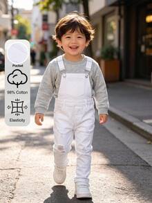 SHEIN Young Boys' Distressed Cotton Ripped Frayed White Denim Slim Fit Overalls,For Kids Boys Fall/Winter Streetwear Outfits,Toddler Jumpsuit,Winter Overall - White - View 8