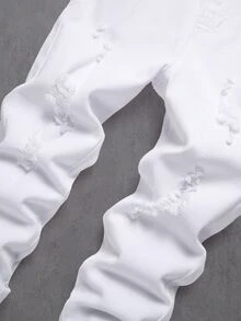 SHEIN Young Boys' Distressed Cotton Ripped Frayed White Denim Slim Fit Overalls,For Kids Boys Fall/Winter Streetwear Outfits,Toddler Jumpsuit,Winter Overall - White - View 6