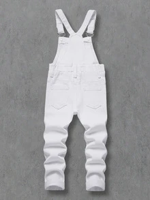SHEIN Young Boys' Distressed Cotton Ripped Frayed White Denim Slim Fit Overalls,For Kids Boys Fall/Winter Streetwear Outfits,Toddler Jumpsuit,Winter Overall - White - View 3
