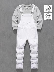 SHEIN Young Boys' Distressed Cotton Ripped Frayed White Denim Slim Fit Overalls,For Kids Boys Fall/Winter Streetwear Outfits,Toddler Jumpsuit,Winter Overall - White - View 1