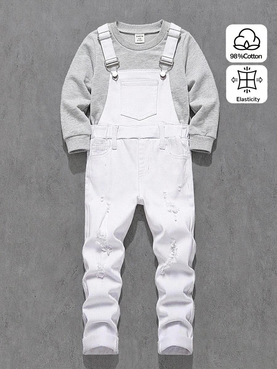 SHEIN Young Boys' Distressed Cotton Ripped Frayed White Denim Slim Fit Overalls,For Kids Boys Fall/Winter Streetwear Outfits,Toddler Jumpsuit,Winter Overall - White - View 1