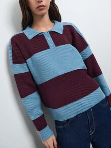 Nöista Blue And Plum Striped Knit Polo Sweater With Collared Neckline, Long Sleeves And Ribbed Trim.Fall,Winter, Casual,Back To School,Christmas, Halloween - Green - View 8