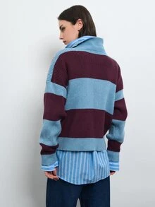 Nöista Blue And Plum Striped Knit Polo Sweater With Collared Neckline, Long Sleeves And Ribbed Trim.Fall,Winter, Casual,Back To School,Christmas, Halloween - Green - View 4