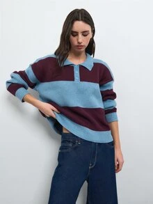 Nöista Blue And Plum Striped Knit Polo Sweater With Collared Neckline, Long Sleeves And Ribbed Trim.Fall,Winter, Casual,Back To School,Christmas, Halloween - Green - View 7