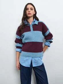 Nöista Blue And Plum Striped Knit Polo Sweater With Collared Neckline, Long Sleeves And Ribbed Trim.Fall,Winter, Casual,Back To School,Christmas, Halloween - Green - View 6