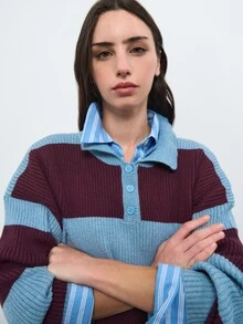 Nöista Blue And Plum Striped Knit Polo Sweater With Collared Neckline, Long Sleeves And Ribbed Trim.Fall,Winter, Casual,Back To School,Christmas, Halloween - Green - View 11