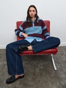 Nöista Blue And Plum Striped Knit Polo Sweater With Collared Neckline, Long Sleeves And Ribbed Trim.Fall,Winter, Casual,Back To School,Christmas, Halloween - Green - View 5