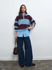 Nöista Blue And Plum Striped Knit Polo Sweater With Collared Neckline, Long Sleeves And Ribbed Trim.Fall,Winter, Casual,Back To School,Christmas, Halloween - Green - View 10