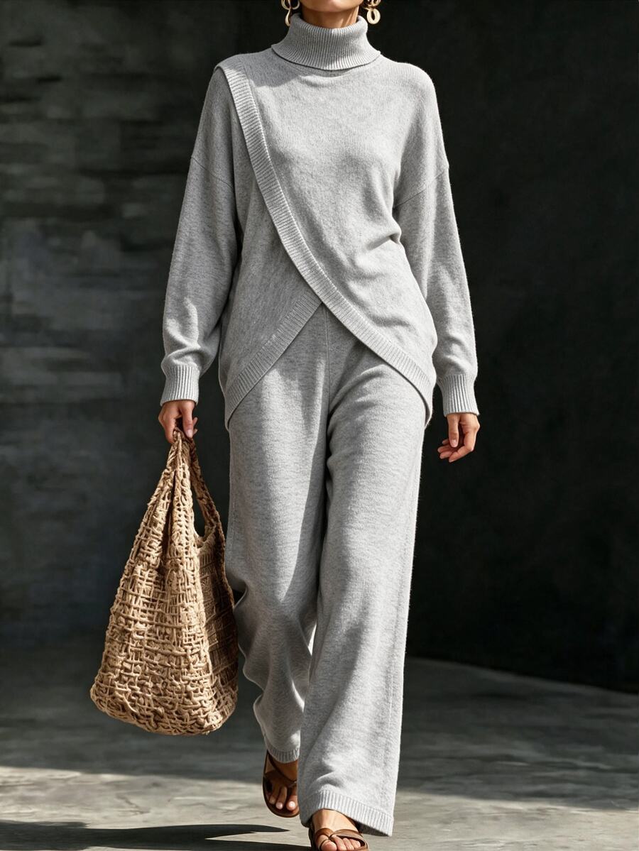 Louniche Elegant High Neck Design Long Sleeve Women's Sweater 2 Pieces Set - Grey - View 1