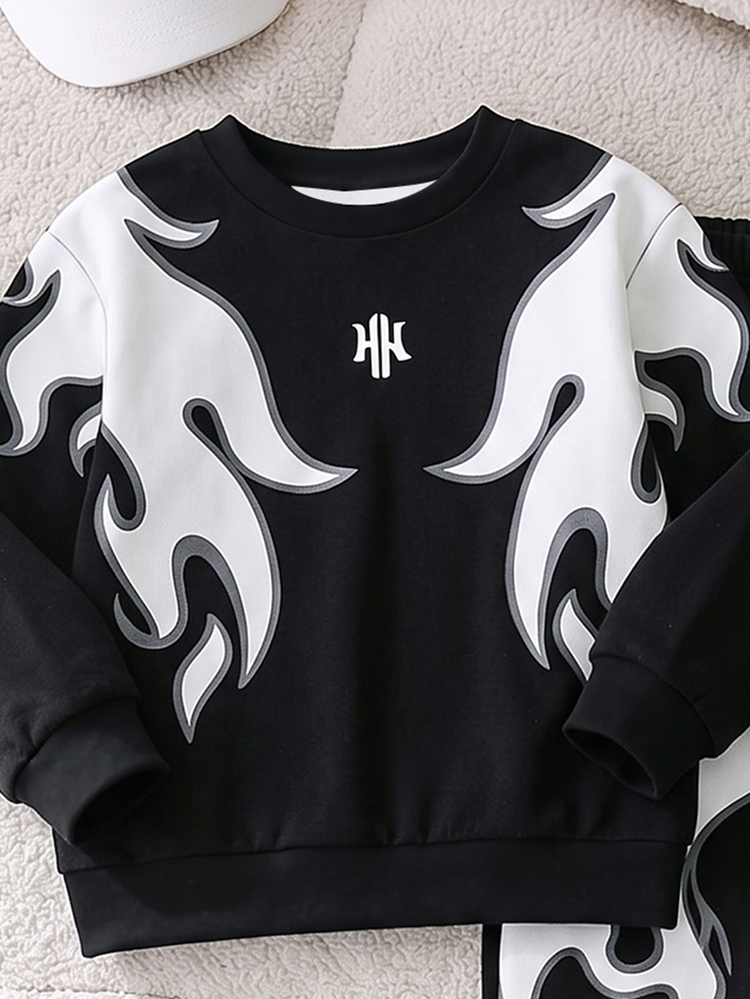 2pcs Kids Flame Print NV Contrast Letter Crew Neck Sweatshirt And Matching Printed Long Pants Casual Set, Suitable For Sports Birthday White Fall - Multicolor - View 4