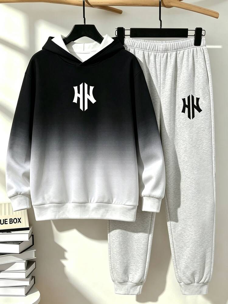 2pcs Tween Boys Hoodie & Sweatpants Set Streetwear Black Grey Gradient Letter Graphic Long Sleeve Hooded Fall Back To School - Multicolor - View 3