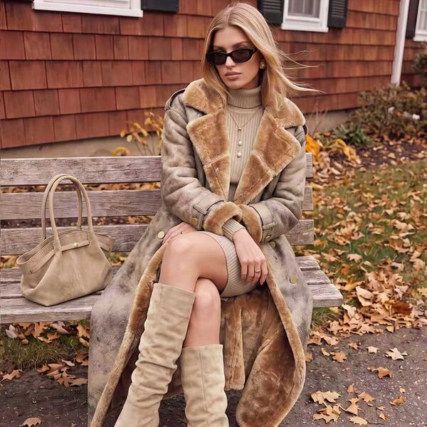 Women's Gray Winter Elegant Dinner Date Long Faux Fur Collar Cinched Waist Double-Breasted Microsuede Jacket,Formal Party Chic Work Wedding Coat