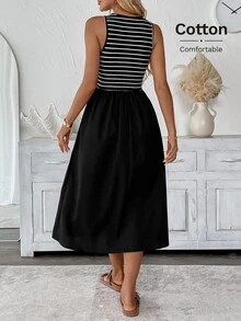 Easowa Women's Striped Print Round Neck Casual French Sleeveless Midi Dress Brunch Vacation Black And White Striped Summer - Black and White - View 6