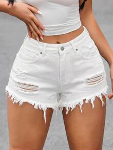 SHEIN PETITE Women's Fashion Casual White Distressed Washed Denim Shorts - White - View 3