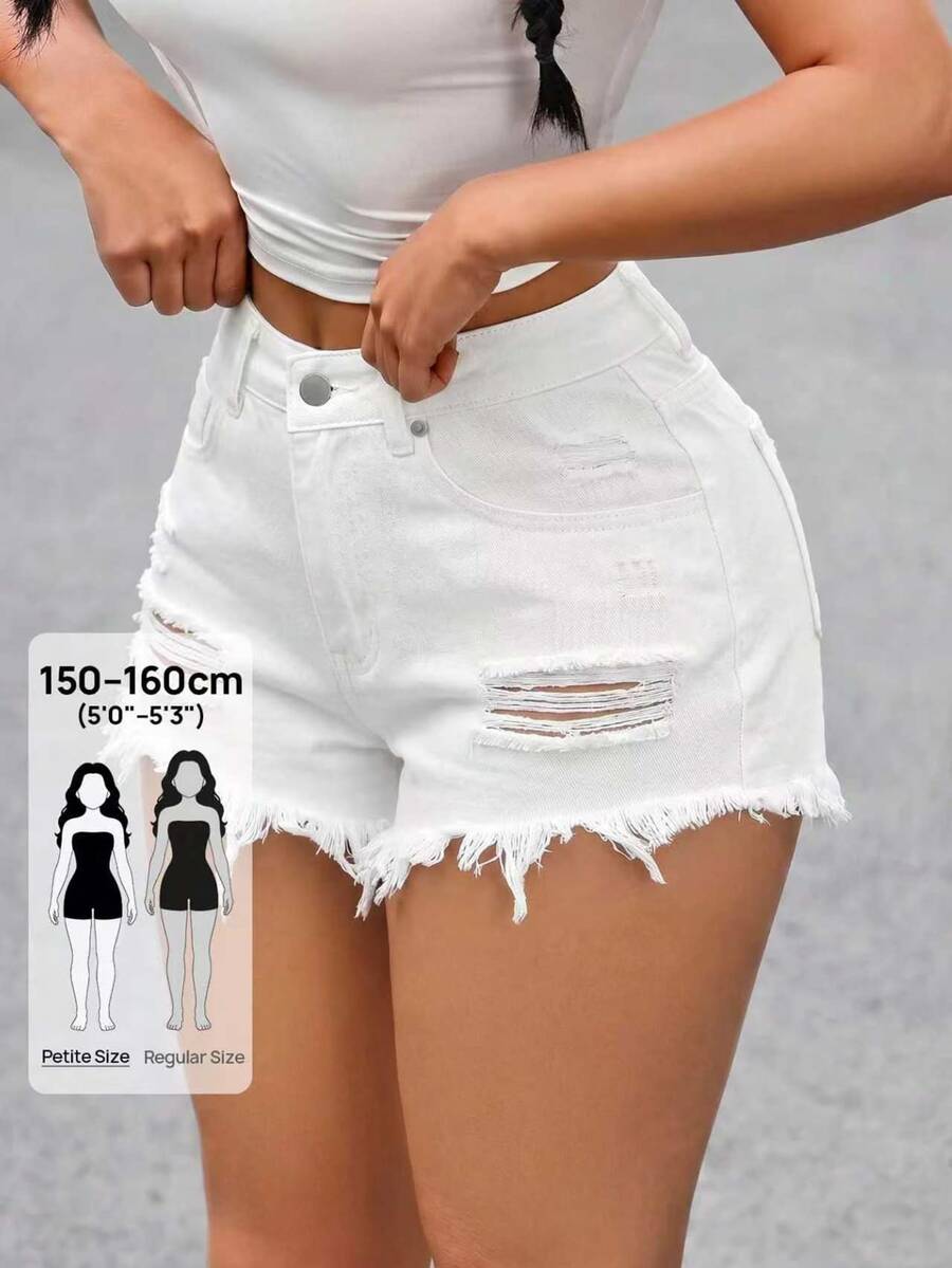 SHEIN PETITE Women's Fashion Casual White Distressed Washed Denim Shorts - White - View 1