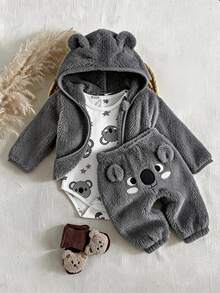 SHEIN Playful Pals 3 Pieces Set Baby Boy Cute Animal Koala 3D Design Fun Pattern Plush Hooded Jacket, Pants And Romper Outfit, Suitable For Autumn/Winter Outdoor Wear - Grey - View 1
