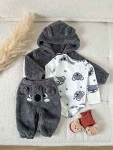 SHEIN Playful Pals 3 Pieces Set Baby Boy Cute Animal Koala 3D Design Fun Pattern Plush Hooded Jacket, Pants And Romper Outfit, Suitable For Autumn/Winter Outdoor Wear - Grey - View 6