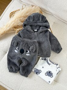SHEIN Playful Pals 3 Pieces Set Baby Boy Cute Animal Koala 3D Design Fun Pattern Plush Hooded Jacket, Pants And Romper Outfit, Suitable For Autumn/Winter Outdoor Wear - Grey - View 5