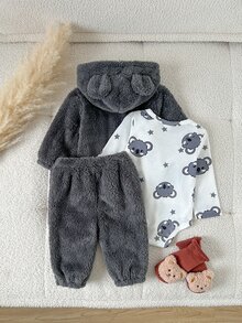 SHEIN Playful Pals 3 Pieces Set Baby Boy Cute Animal Koala 3D Design Fun Pattern Plush Hooded Jacket, Pants And Romper Outfit, Suitable For Autumn/Winter Outdoor Wear - Grey - View 2