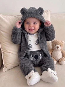 SHEIN Playful Pals 3 Pieces Set Baby Boy Cute Animal Koala 3D Design Fun Pattern Plush Hooded Jacket, Pants And Romper Outfit, Suitable For Autumn/Winter Outdoor Wear - Grey - View 4