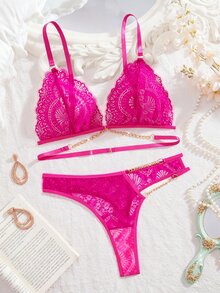 SHEIN Floral Lace Chain Linked Bra & Panty Lingerie Set - Hot Pink - View 3
