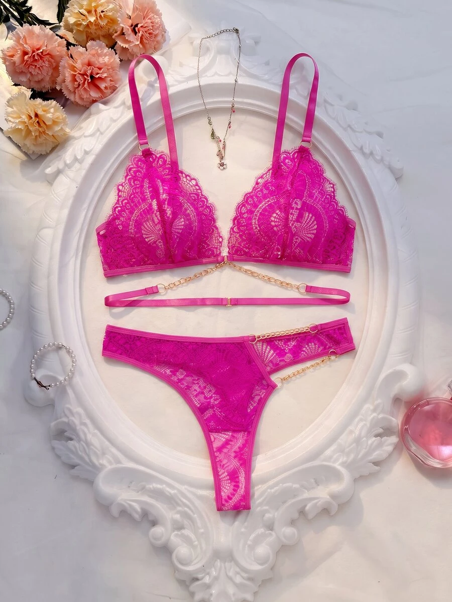 SHEIN Floral Lace Chain Linked Bra & Panty Lingerie Set - Hot Pink - View 1