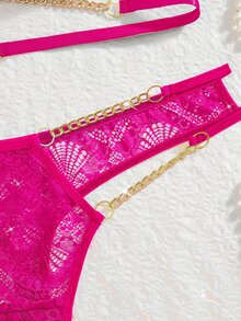 SHEIN Floral Lace Chain Linked Bra & Panty Lingerie Set - Hot Pink - View 8