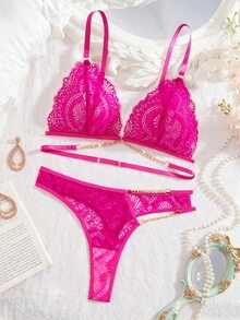 SHEIN Floral Lace Chain Linked Bra & Panty Lingerie Set - Hot Pink - View 6