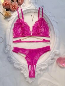 SHEIN Floral Lace Chain Linked Bra & Panty Lingerie Set - Hot Pink - View 2