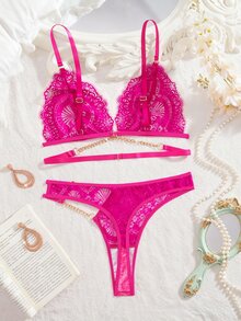 SHEIN Floral Lace Chain Linked Bra & Panty Lingerie Set - Hot Pink - View 4