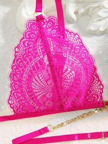 SHEIN Floral Lace Chain Linked Bra & Panty Lingerie Set - Hot Pink - View 9