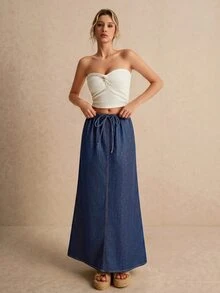 Elaquor 大尺碼休閒牛仔魚尾裙女款，秋冬優雅牛仔裙女款，百搭穿搭，度假穿著，辦公室穿著，可愛 - 藍色 - 查看 5