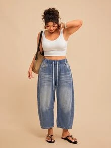Travachic Plus Size Women's Drawstring Waist Pocket Tapered Casual Denim Jeans Fall Clothes - Medium Wash - View 6