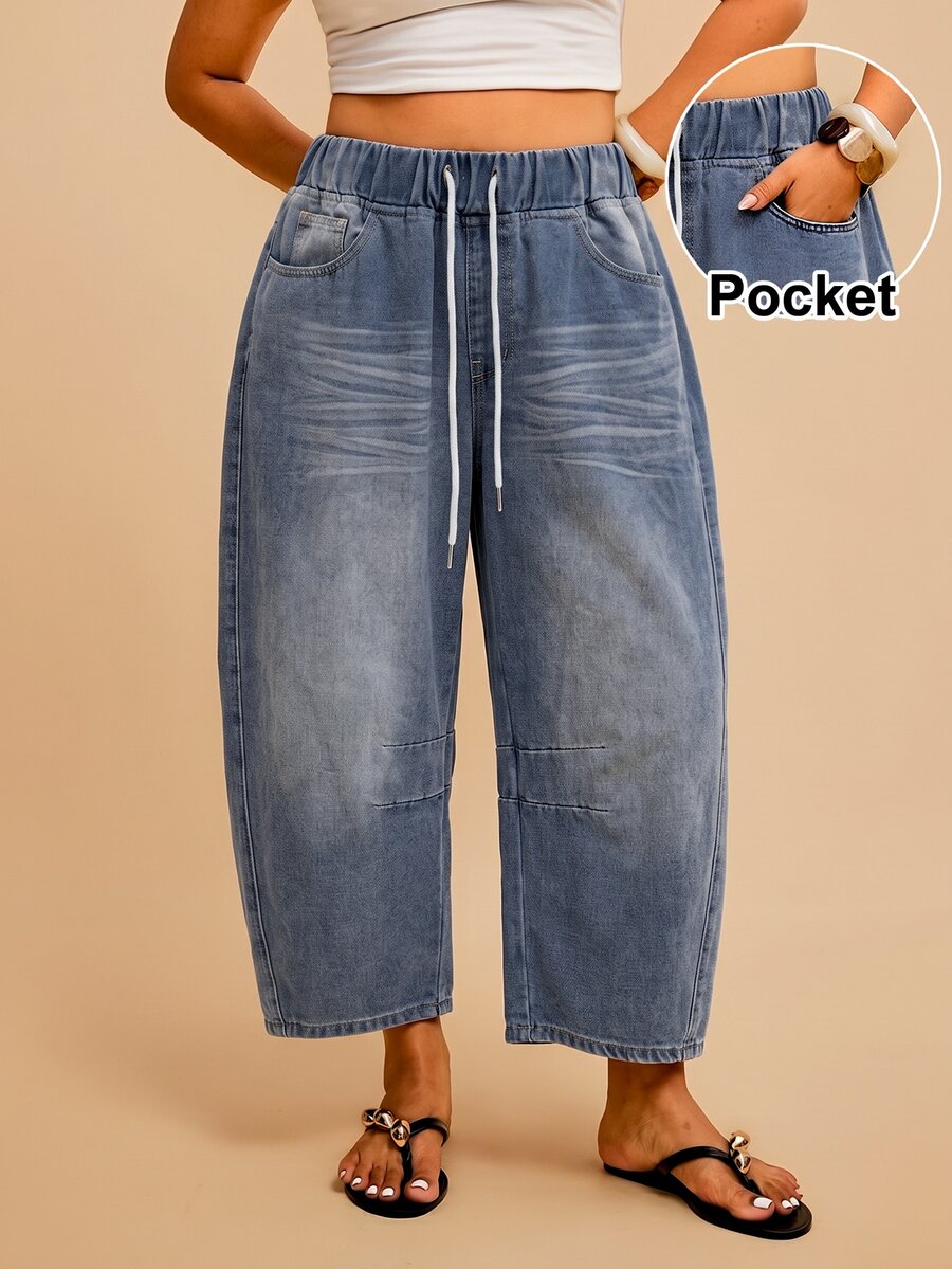 Travachic Plus Size Women's Drawstring Waist Pocket Tapered Casual Denim Jeans Fall Clothes - Medium Wash - View 1
