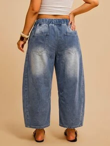 Travachic Plus Size Women's Drawstring Waist Pocket Tapered Casual Denim Jeans Fall Clothes - Medium Wash - View 2