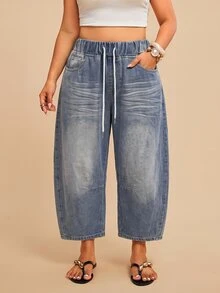 Travachic Plus Size Women's Drawstring Waist Pocket Tapered Casual Denim Jeans Fall Clothes - Medium Wash - View 3