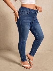 Elaquor Celana Jeans Wanita Ukuran Besar Pinggang Tinggi Saku Slim Fit Kasual Sederhana Serbaguna Cocok untuk Kencan Musim Panas Pekan Mode Biru Langit - Medium Wash - View 4