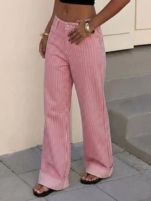 Muchica Women's Striped Wide Leg Loose Casual Versatile Denim Jeans Fall - Pink - View 4