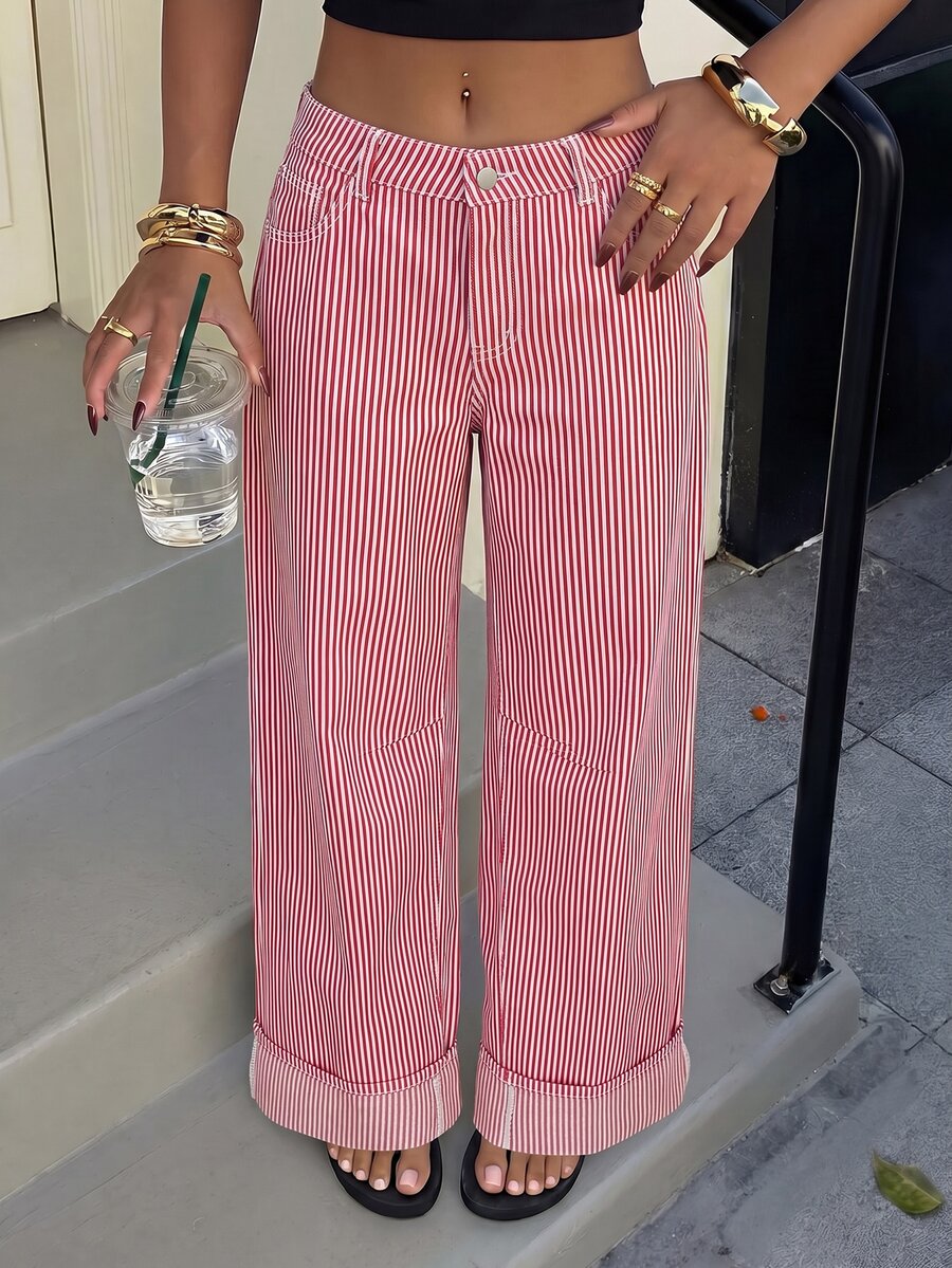 Muchica Women's Striped Wide Leg Loose Casual Versatile Denim Jeans Fall