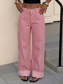 Muchica Women's Striped Wide Leg Loose Casual Versatile Denim Jeans Fall - Pink - View 6