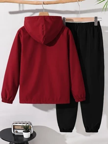 SHEIN 兒童 2 件組青少年男孩休閒運動圖案拼色連帽外套與長褲套裝，適合學校、日常休閒、度假、運動，秋冬穿著 - 彩色 - 查看 2