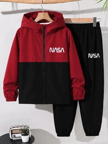 SHEIN 兒童 2 件組青少年男孩休閒運動圖案拼色連帽外套與長褲套裝，適合學校、日常休閒、度假、運動，秋冬穿著 - 彩色 - 查看 3
