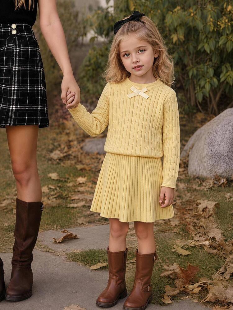 Souflis Young Girls Winter Knit 2 Pieces Set, Cute Bow Sweater And Pleated Skirt Outfit, Casual And Fashionable Yellow Sweater Set, Includes 1 Cardigan And 1 Knit Pleated Skirt, Soft And Comfortable, Suitable For Daily Wear, Outings, Travel, Vacation, Home, Parenting And Other Occasions - Yellow - View 7