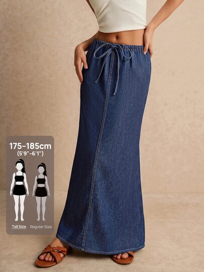 SHEIN Tall Women's Mid-Waist Tie Denim Long Skirt