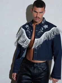 CalleClaro 男士水洗流蘇長袖牛仔夾克，頹廢風、都市、工裝 - 藍色 - 查看 6