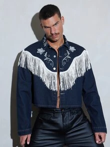 CalleClaro 男士水洗流蘇長袖牛仔夾克，頹廢風、都市、工裝 - 藍色 - 查看 7