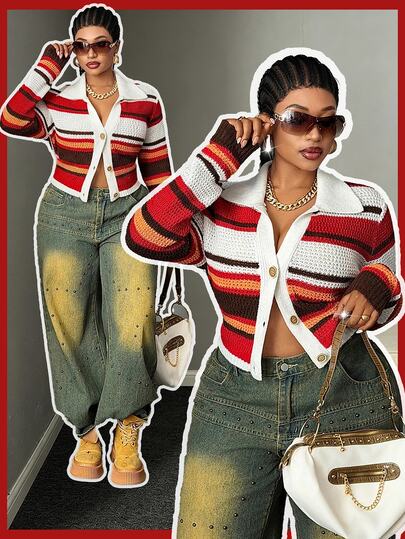 Maweii Cárdigan de talla grande 2026 nuevo, cuello vuelto, botones delanteros, manga larga, rayas de colores con contraste, corte slim favorecedor, estilo vintage Y2K, elegante y glamuroso, para calle, fiesta y reuniones de otoño