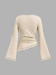 Skyraze Women's Solid Color Flare Sleeve Pleated Contrast Lace Hem Fashion T-Shirt - Apricot - View 2