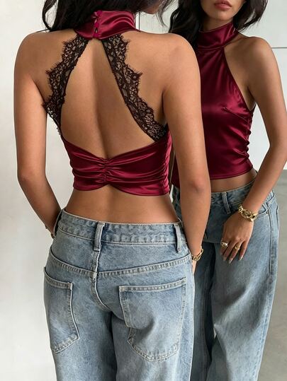 Glamine Charm Atasan Cami Satin Merah Tua Leher Tinggi Bahu Terbuka, Atasan Crop Tanpa Punggung dengan Hiasan Renda, Atasan Wanita Seksi Musim Panas Pas Badan untuk Kencan, Klub, Acara Malam, Pesta Bar